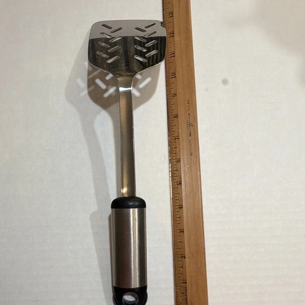 Vintage Hoffritz Stainless Steel Slotted Spatula Hanging Hole Silver Black